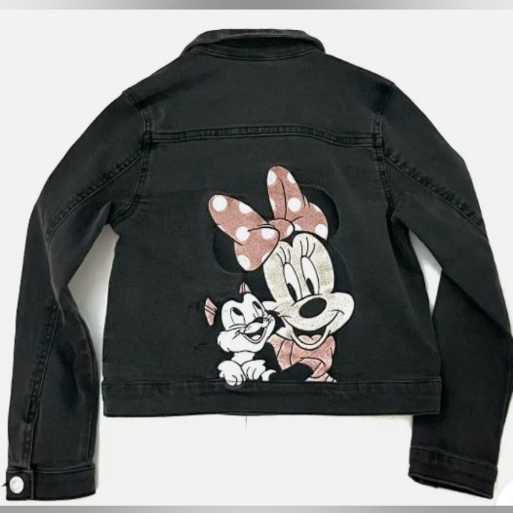 H&M Disney Minnie Washed Denim Jacket Black Long Sleeve Embroidered Size 8 - Picture 3 of 4